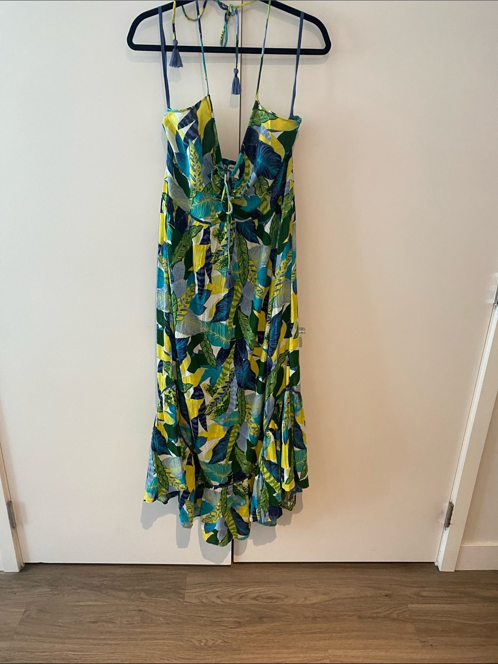 aerie Tropical Leaf Halter Maxi Dress - Blue Green Yellow
